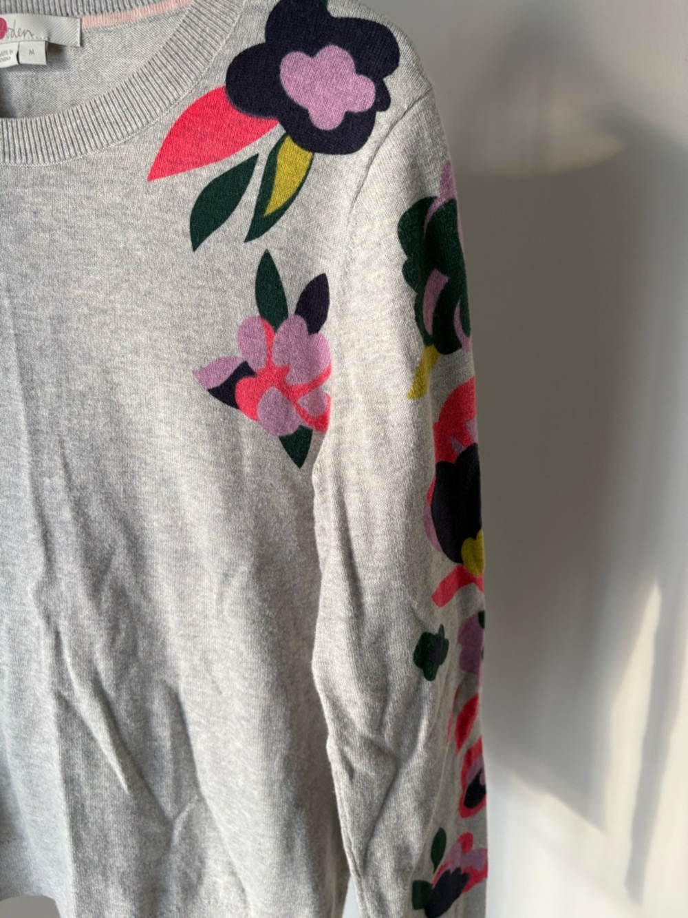 Boden Light Gray Crewneck Sweater with Pink, Navy & Yellow Floral Appliqué - Picture 4 of 7